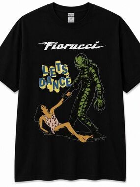 Fiorucci Black Tee with Yellow & Blue "Lets Dance" Graphic